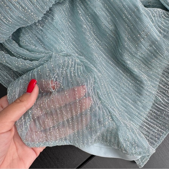 NWT Adrianna Papell Elegant Mint Green Evening Dress Crinkle Metallic Gown sz 6 - Picture 14 of 16